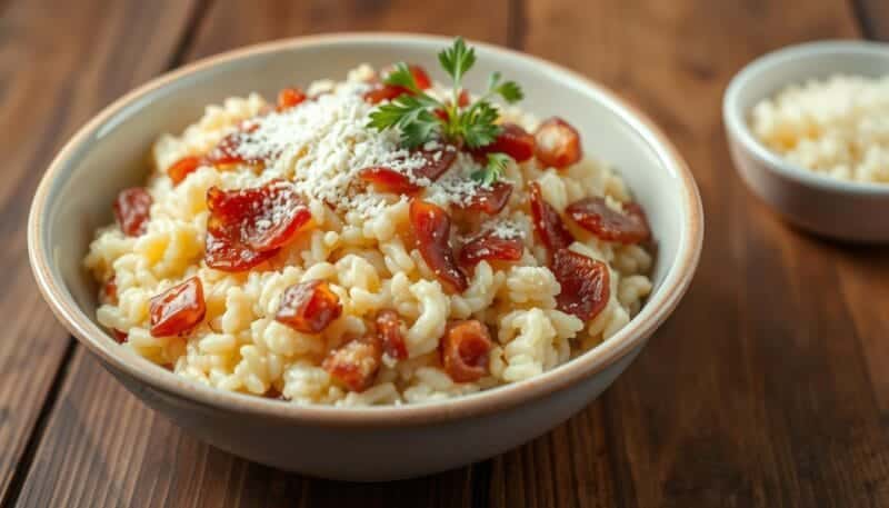 combinação risoto, bacon, parmesão